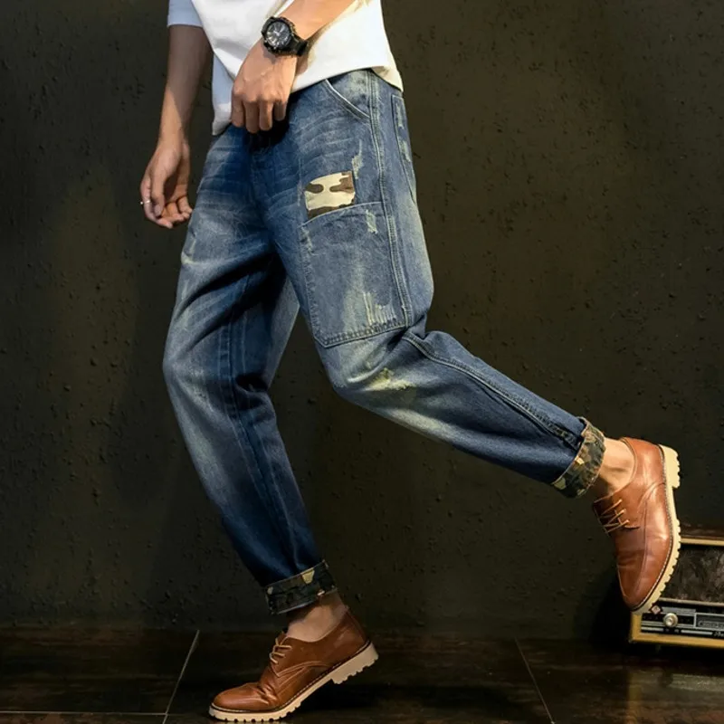 Джинсы мужские на молнии свободные штаны в стиле Харадзюку рваные брюки милитари