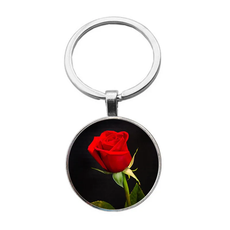 

Fashion Zinc Alloy Handmade Key Ring Red Gold Rose Flower Glass Cabochon Flower Like Glass Dome Keychain Diy Valentine'S Day Gif
