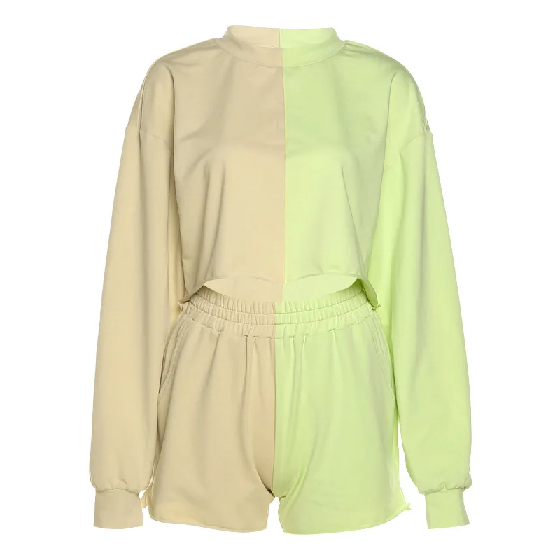 

2021 autumn and winter new women's contrast color stitching long-sleeved high-waist hip shorts casual suit