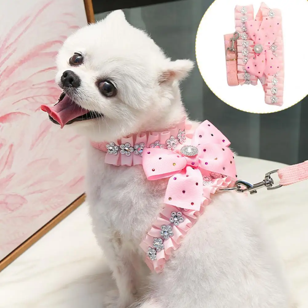 

Wear-resistant Pink Cats Dogs Chest Strap Traction Leash Kit for Medium Dogs