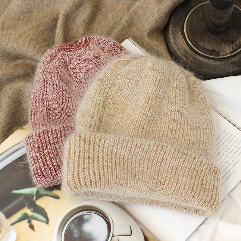 Зимняя шапка с кроличьим мехом белая помпоном Детская шерстяная зимняя