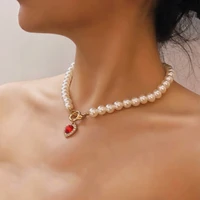 elegant jewelry wedding big pearl red crystal heart pendant necklace for women fashion white imitation pearl choker necklaces