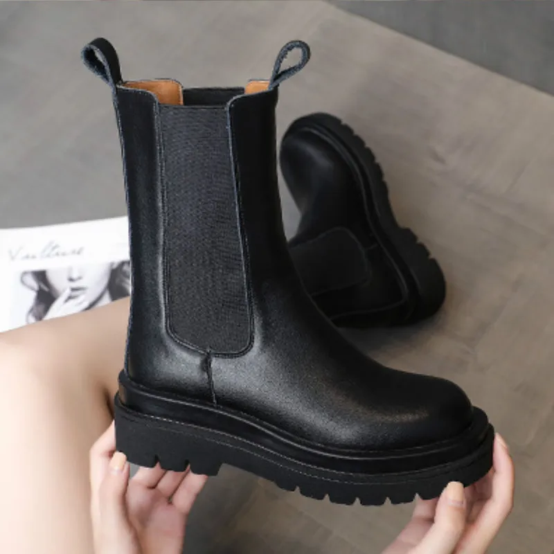 Черные ботинки челси BJYL из спилка на толстом каблуке женские короткие в