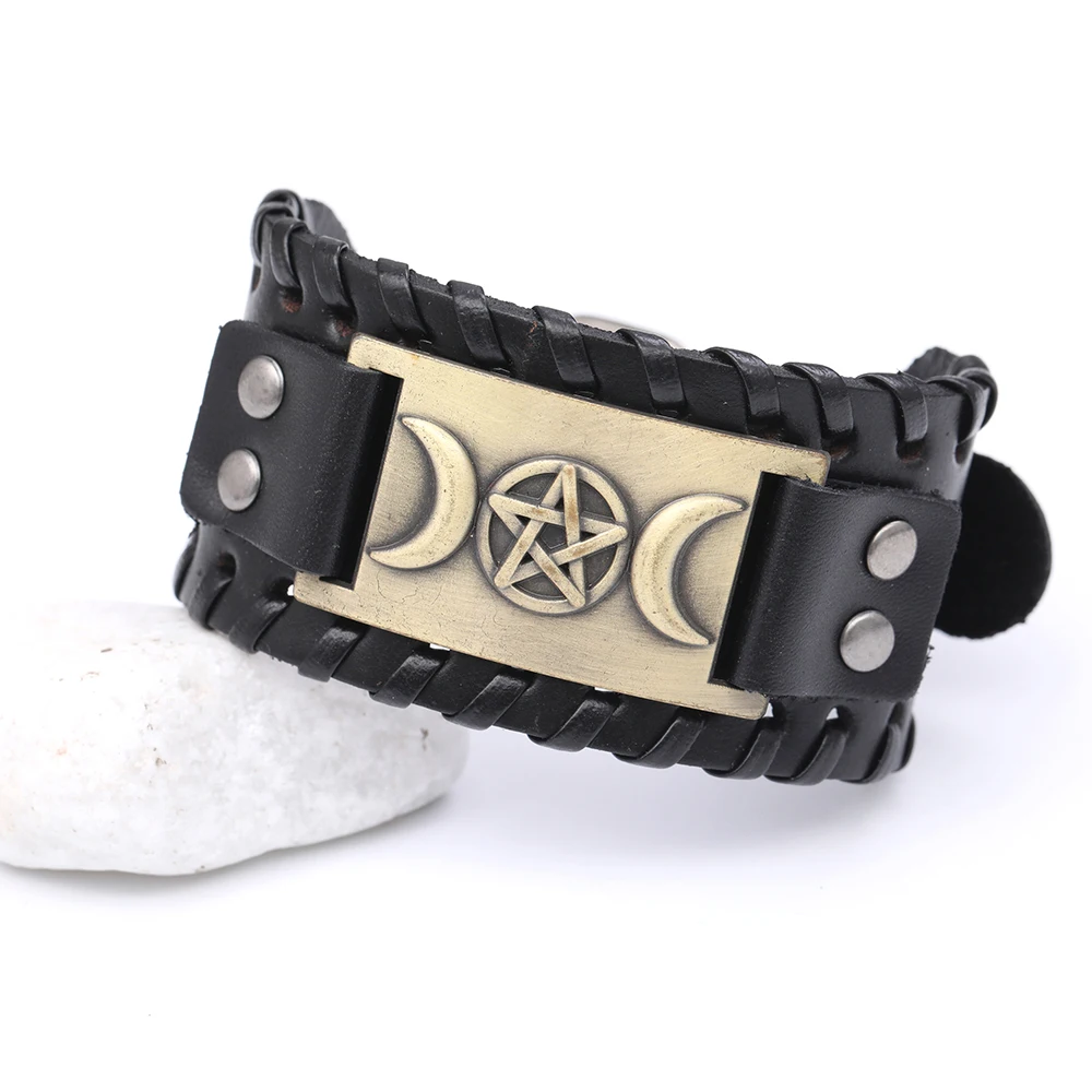 Браслеты Skyrim в стиле панк кожаный браслет с тремя лунными Богинями Wicca волшебный
