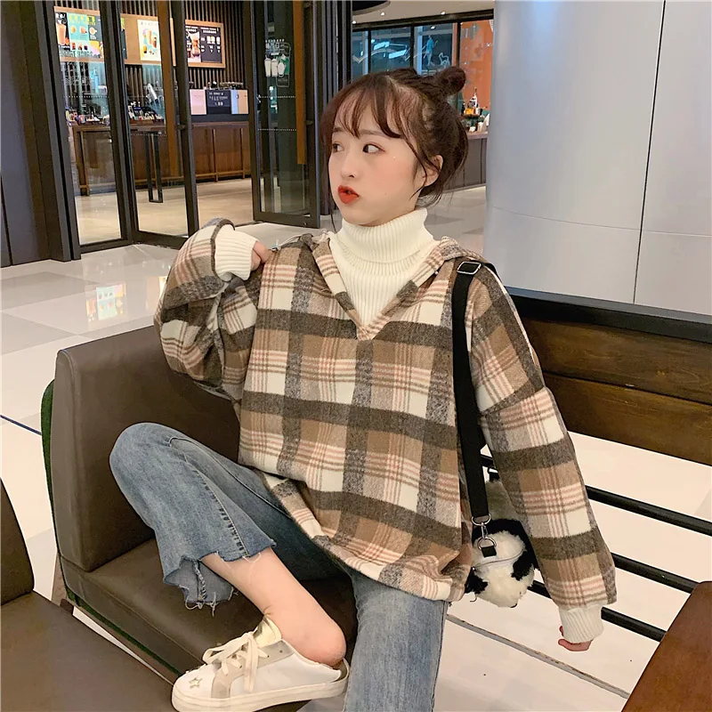 Зимнее пальто для женщин поддельные два толстовки Harajuku решетки толстовка с