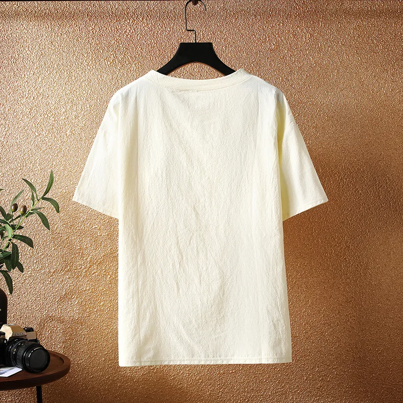 

Summer New Japanese Style Large Size Cotton and Linen Candy Color Loose Short Sleeve T-shirt Linen Solid Color round Neck Men