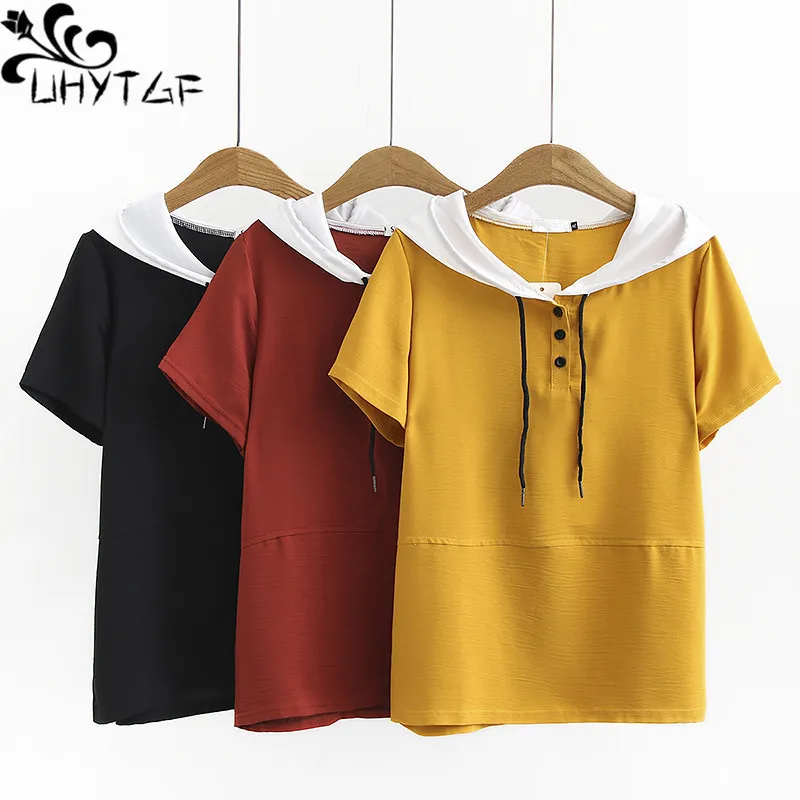 

Женская летняя футболка UHYTGF, модная летняя футболка с капюшоном, Женский пуловер на пуговицах, мягкая удобная футболка 4XL, модель 1511 года