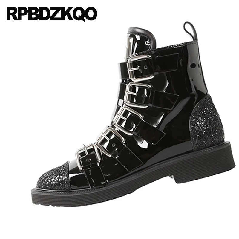 Ботинки женские из лакированной кожи байкерские мотоциклетные черные с