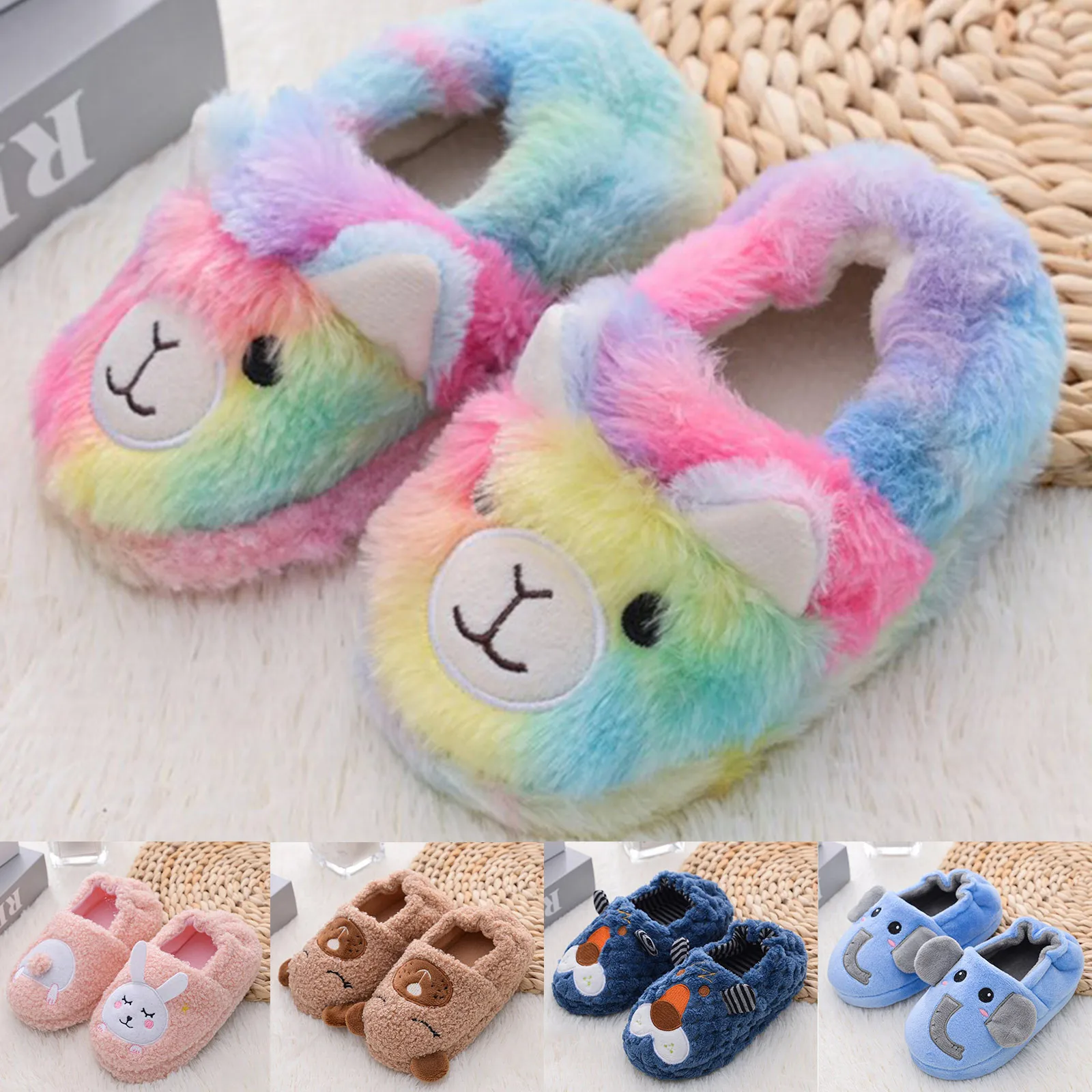 

Hot Sale Toddler Infant Kids Baby Warm Shoes Boys Girls Cute Cartoon Soft-Soled Slippers Зимние теплые Сабо Rainbow Puppy Print#