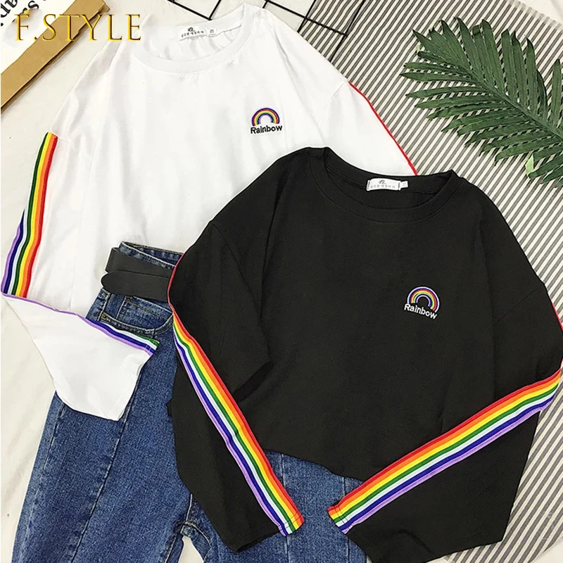 

T-shirts Rainbow Striped Kawaii Long Sleeve Soft Loose Embroidery Korean Style Women Tee Lovely Fashion Womens T-shirt All-match
