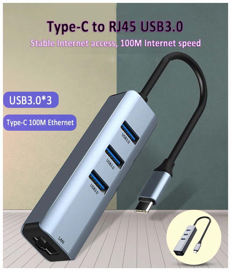 

Type-C 100M Network Card Ethernet Adapter With USB3.0 Hub Type C usb-c to Ethernet RJ45 Lan Adapter For Macbook and Windows
