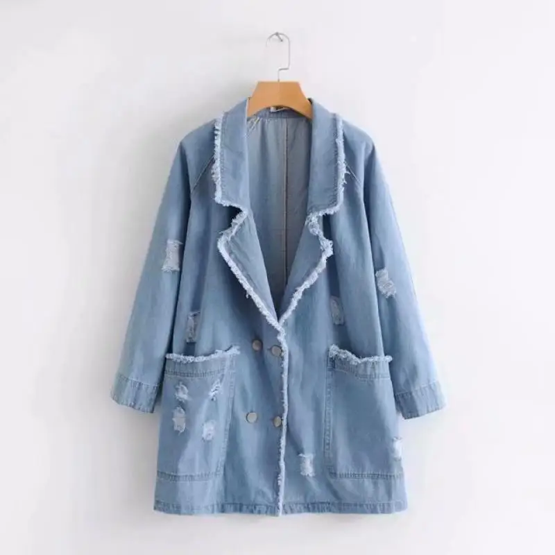Женская свободная рваная джинсовая мешковатая двубортная верхняя одежда с