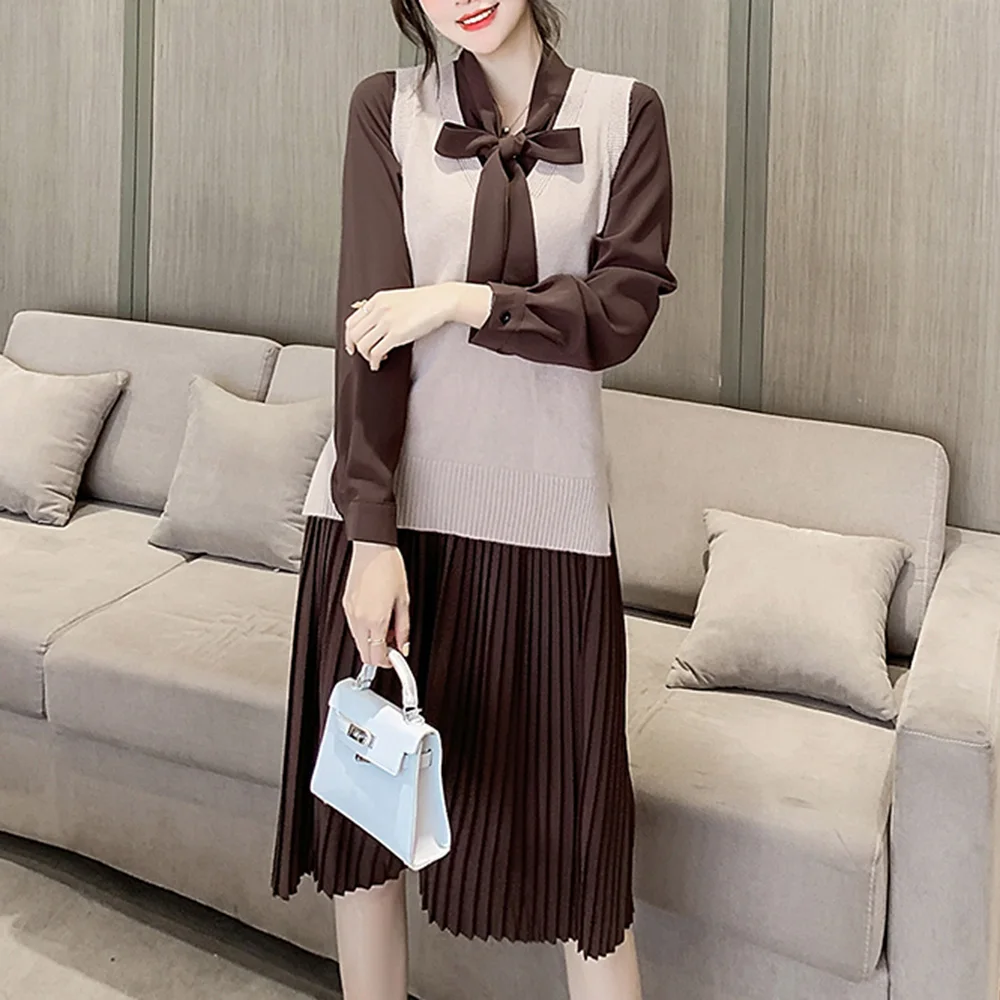 

Korean Version Japanese Two Piece Sets Spring Autumn Fashion Retro Bowknot Long Sleeve Pleated Skirt Knitting Split Vest Suit