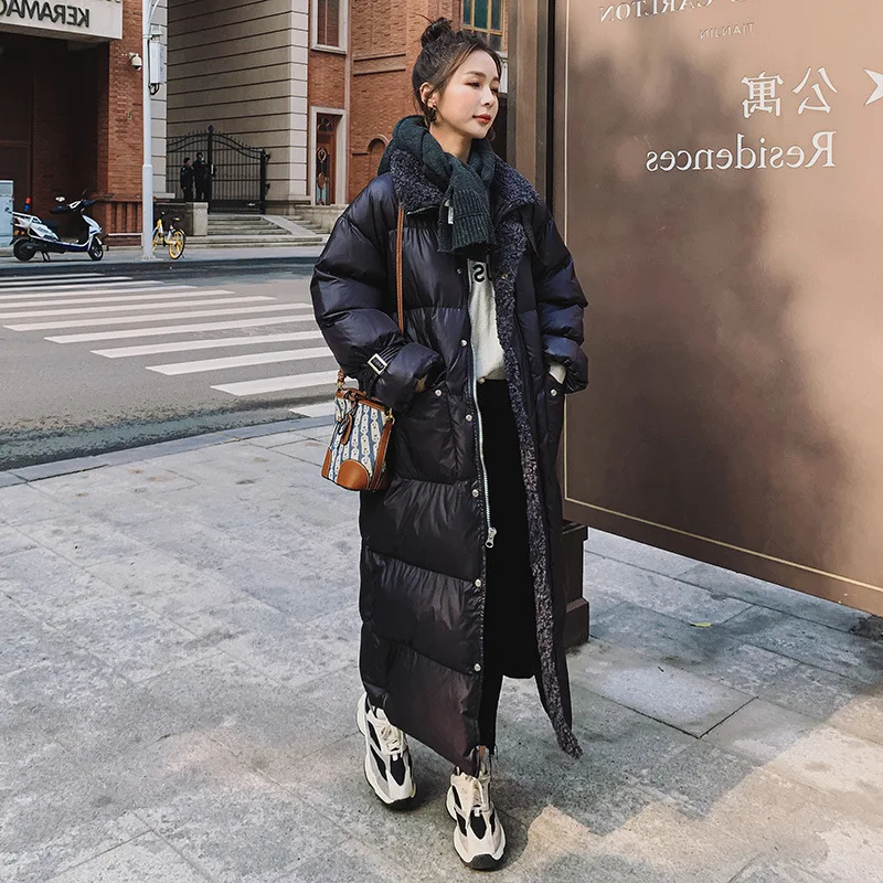 Women's Winter Mid-Length Black Shiny White Duck Down Cotton Coat Korean Style Loose Thick Lamb Wool Stitching Jacket Female M86 | Женская