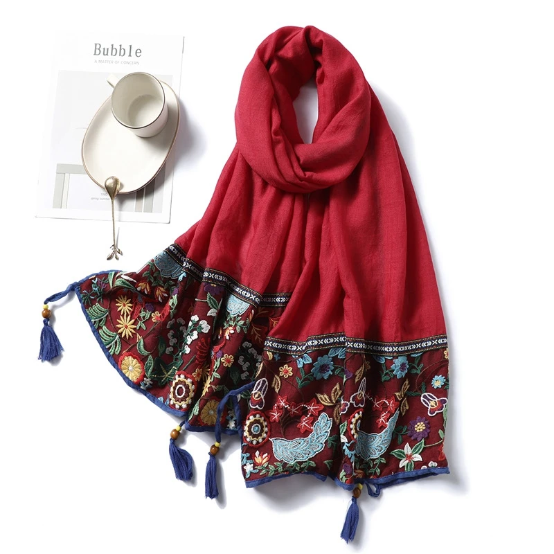

Literary Embroidered Cotton Scarf Women Vintage Floral Print Shawl Tassel Shawl Pashmina women Foulard Hijab Muslim Sjaal