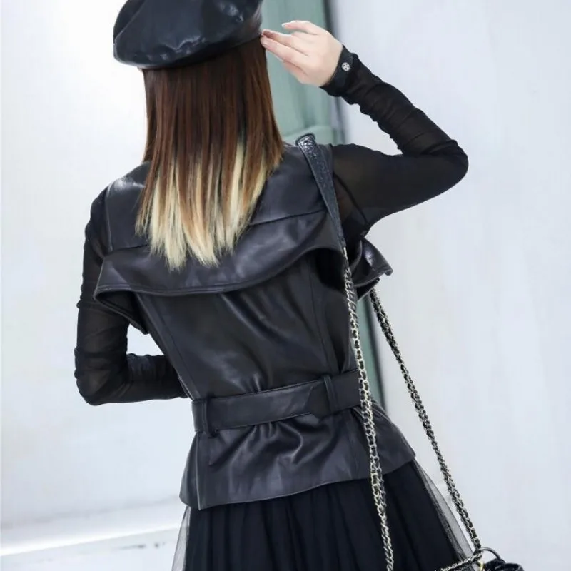 

Punk Style Women Sheepskin Motorcycle Bikers Waistcoat Slim V Neck Zipper Sashes Genuine Leather Sleeveless Vest Jackets Female