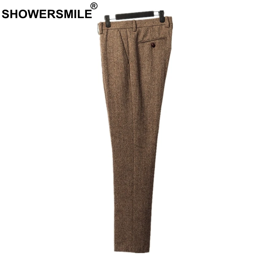 SHOWERSMILE, мужские ретро брюки, шерстяные брюки, мужские деловые серые с узором в елочку, облегающие брюки, твидовая шерстяная одежда, английский стиль - Цвет: Коричневый