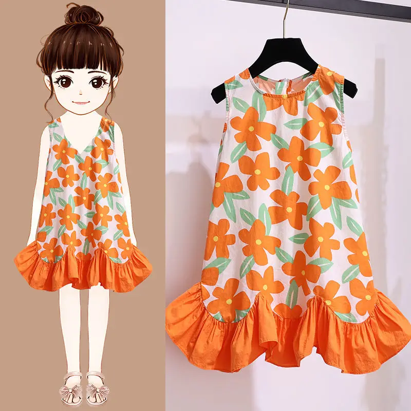

2021 Summer Baby Girl Dresses Sleeveless Kids Floral Clothing Party Princess Kids Children Dress Pure Cotton Casual Clothes W37