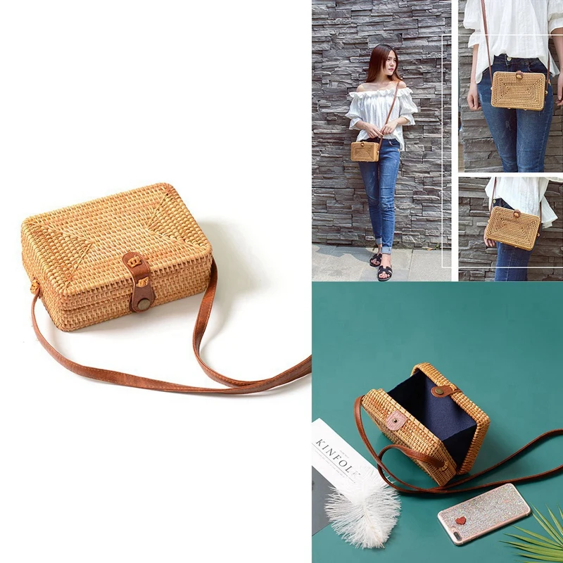 

2 Pcs INS New Ladies Hand-Woven Satchel Rattan Retro Literary Hand-Woven Leather Buckle Package Bohemia Beach Messenger Satchel,