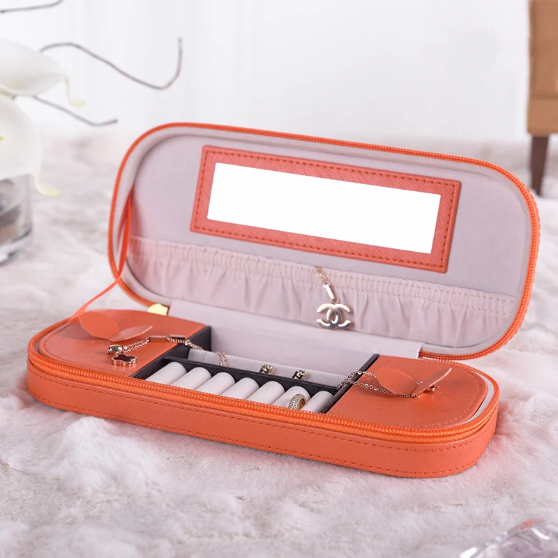 

2021 New Jewelry Storage Box Leather Simple Multi-function Storage Box with Mirror Ring Necklace Earrings Bracelet Storage Bag