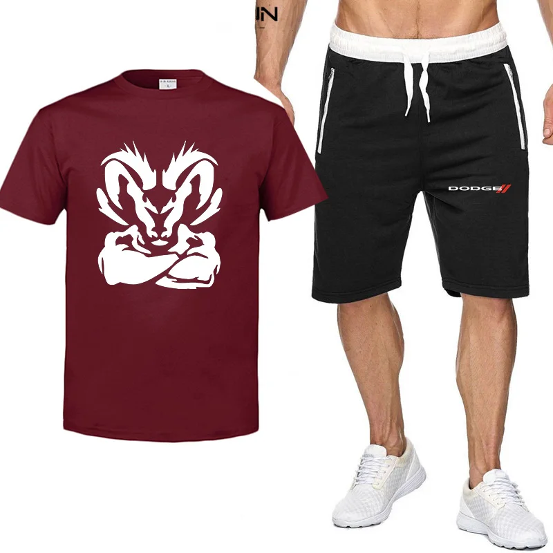 

2021 Summer Men's Brand Dodge Logo T-Shirt Set 2-Piece Sportswear Sports Fitness Printed Short Sleeve + Shorts Suit