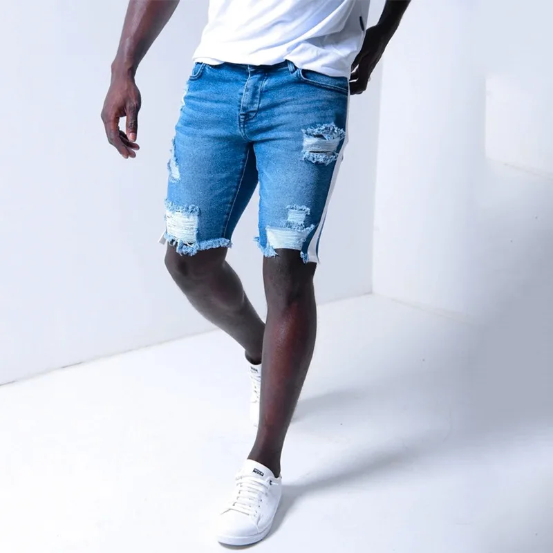

Шорты мужские из денима, модные пляжные, с дырками, на молнии, до колена, повседневные штаны