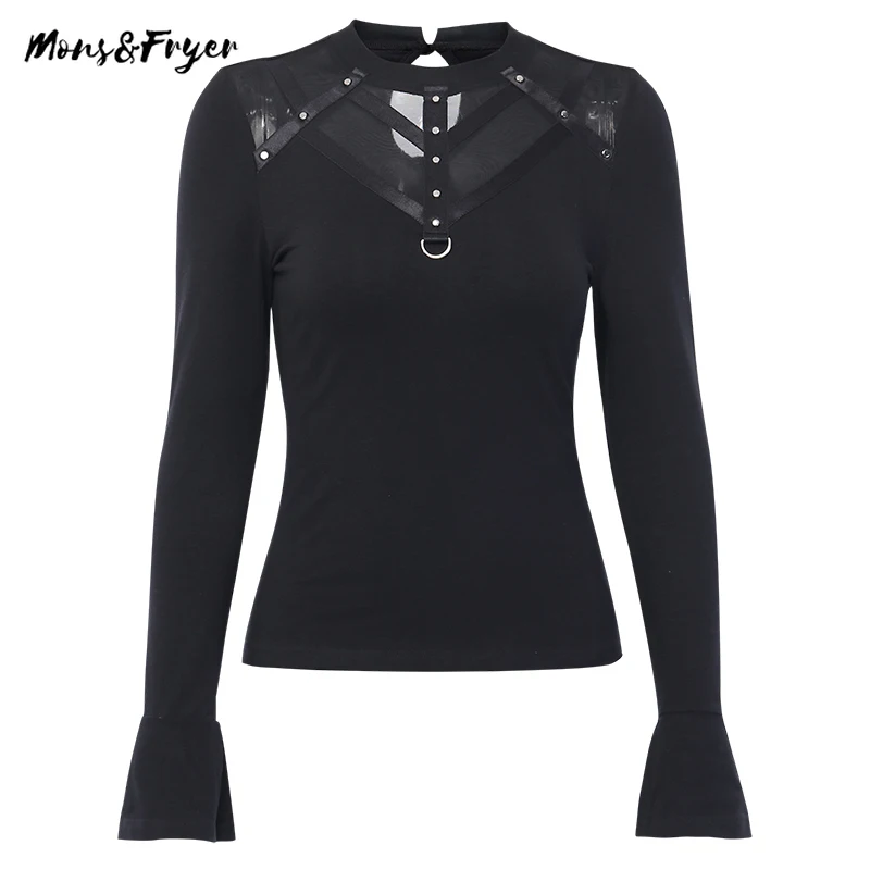 Сетчатые Лоскутные облегающие черные топы с длинным рукавом женские готические