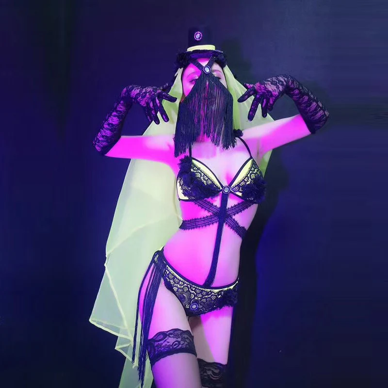

Sexy fluorescent green bikini black lace suit stage performance costume bar concert DJ singer/dancer costume