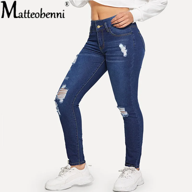 

Women High Waist Ripped Denim Jeans Femme Skinny Pencil Pants Jean Hole Ripped Denim Jeans Casual Stretch Skinny Trousers Jeans