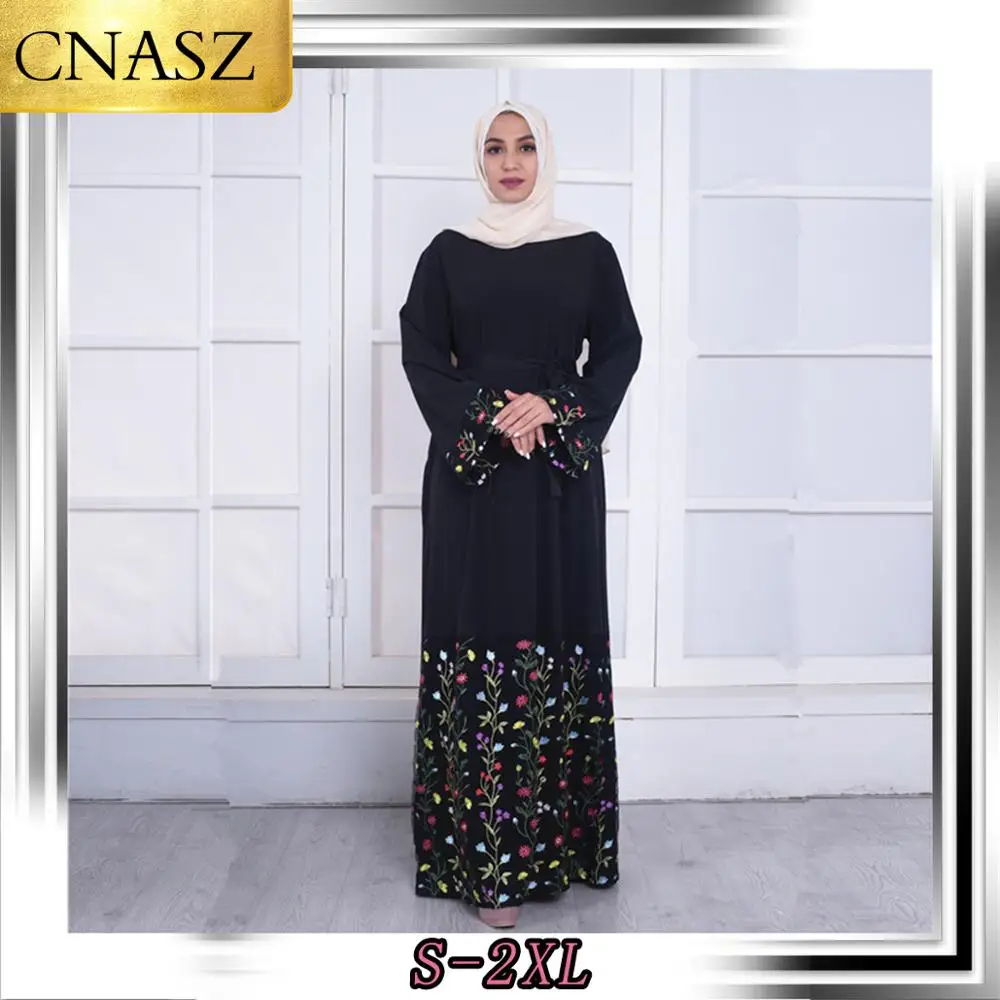 Abaya мусульманское платье вышитые кружева сшитое черное с юбкой до щиколотки