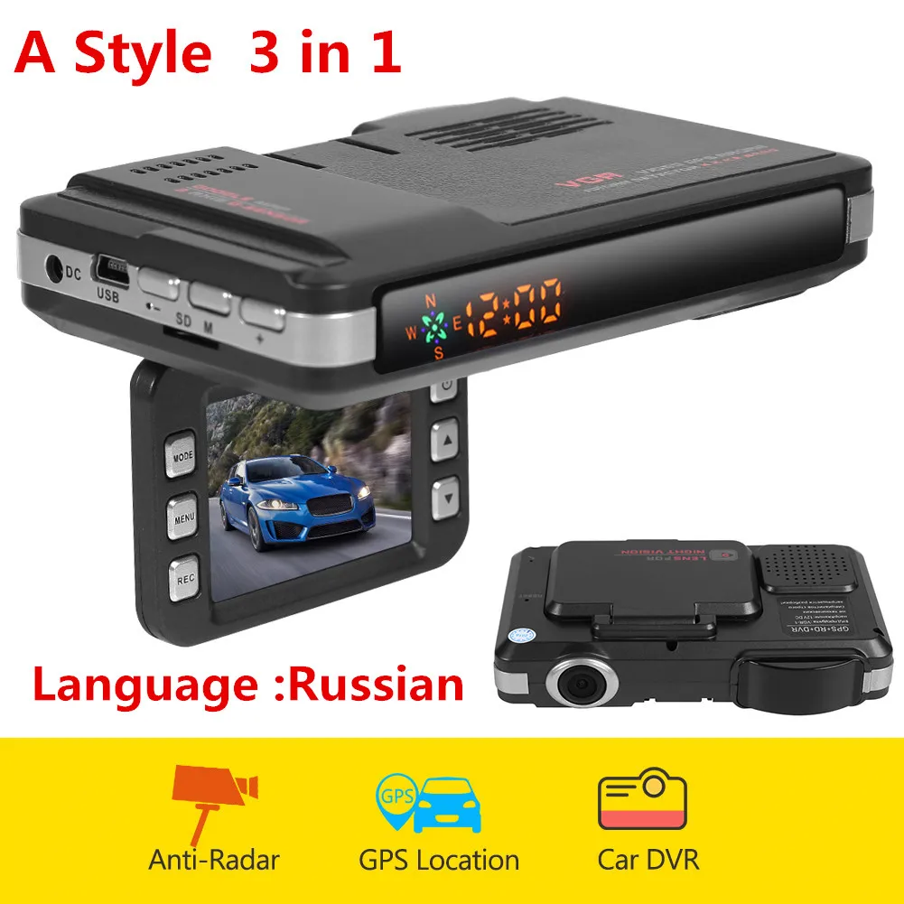 A VGR1-S 3 в 1/2 в 1 Dashcam DVR 720p HD Автомобильная камера регистратор зеркало радар детектор с gps Точное обнаружение для России - Название цвета: A
