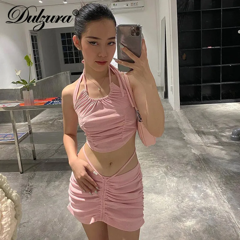 

Dulzura Ribbed Women 2 Piece Set Halter Crop Top Lace Up Ruched Mini Skirt Drawstring Bodycon Sexy Elegant Party 2021 Summer