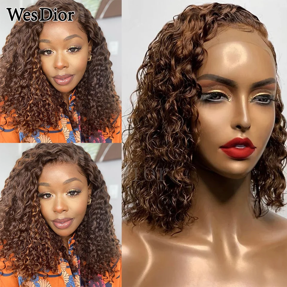 Colored Curly Short Bob Wig Brazilian Brown Curly Human Hair T Part Lace Wigs For Black Women Preplucked 13x4 Lace Front Wig