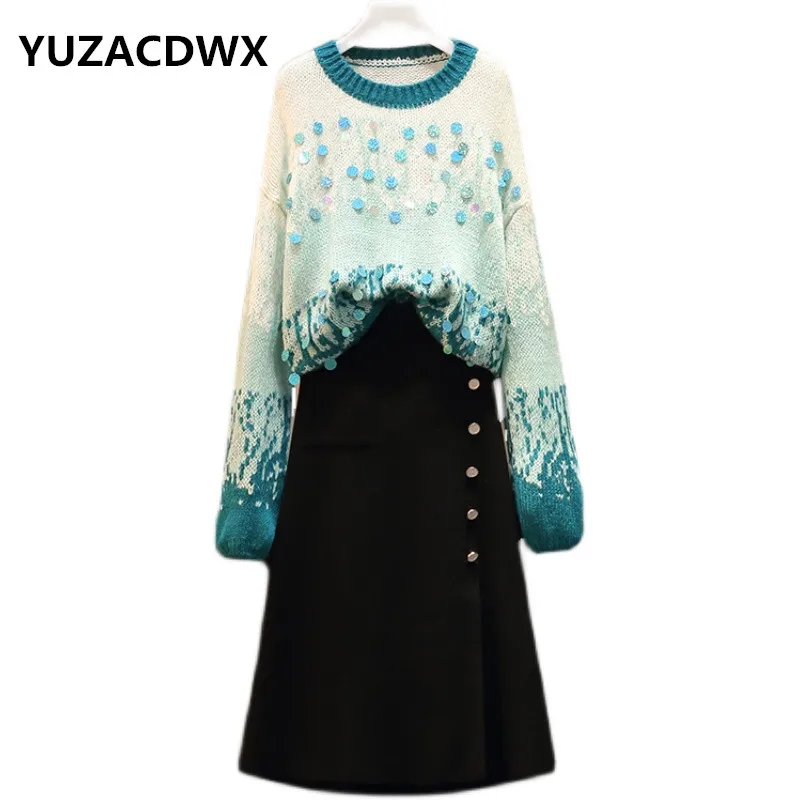 

Женский трикотажный костюм из двух предметов, элегантный свитер и юбка-трапеция, Осень-зима