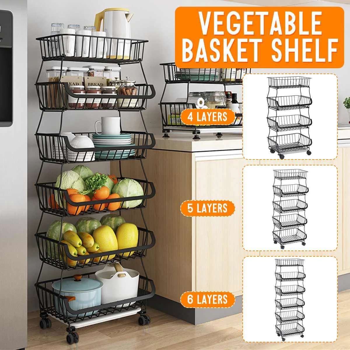 

4/5/6-Tier Kitchen Fruit Vegetable Rack On Wheels Deep Storage Stand Cart Trolley Bathroom Washroom Shelving Rack Black