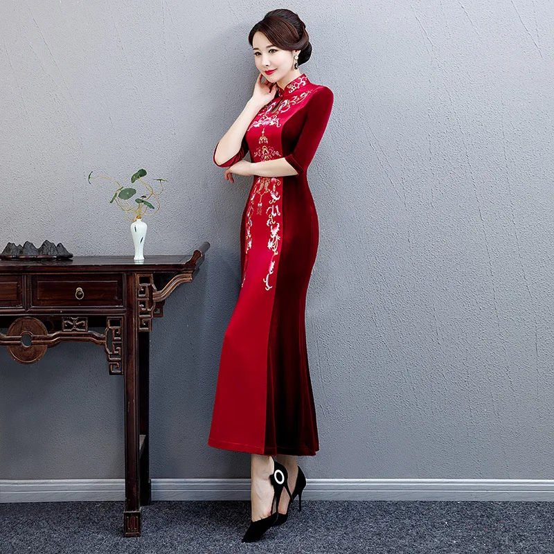 Новое Осеннее банкетное платье улучшенная юбка Чонсам рыбий хвост длинное