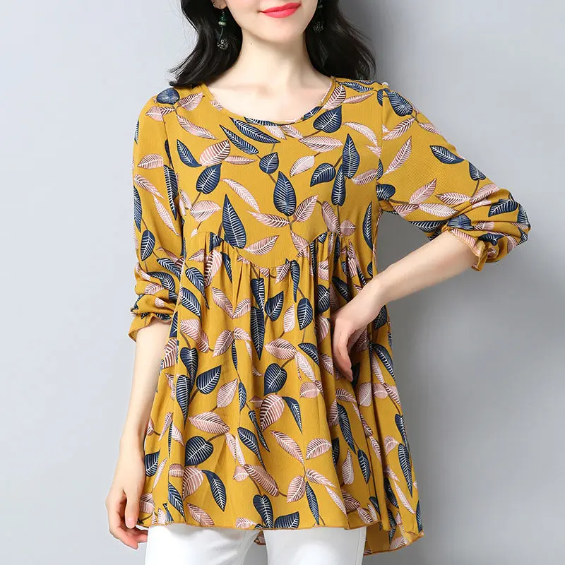 

Women Spring Summer Style Chiffon Blouses Women Casual Short Sleeve O-Neck Leaf Printed Loose Shirt Elegant Women's Tops DF3597