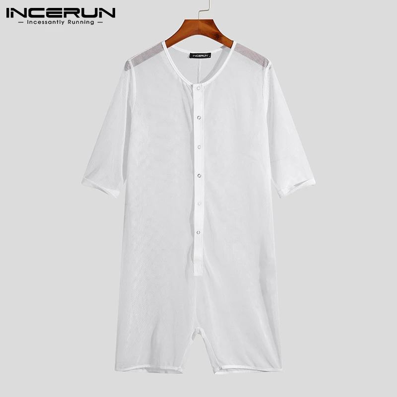 INCERUN Comfortable Homewear New Men Short Sleeve Breathable Mesh Fashion Jumpsuits Singlet Underwear Sleepwear Bodysuits S-5XL