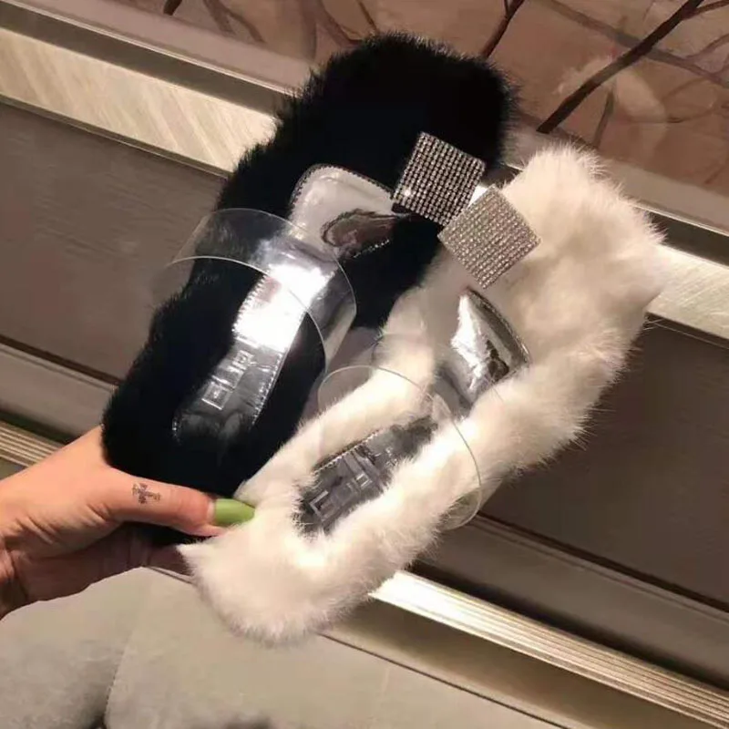 Новинка 2020 женские туфли со стразами из ПВХ меховые шлепанцы на высоком