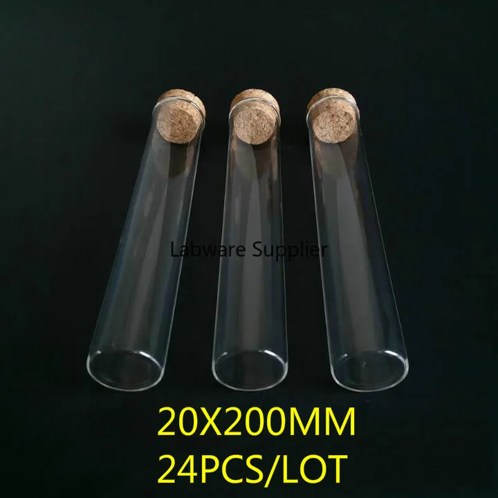 

24pcs/lot 20x200mm Glass Flat Bottom Test Tube with Cork Stoppers for Kinds of Laboratory Glassware