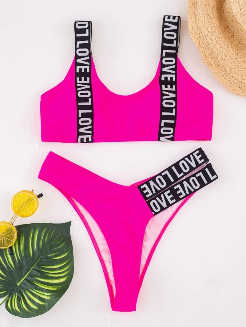 

Women Swimwear Swimsuit Letter Bikini Set 2021 Summer Female Splicing Wide Strap Bikini Padded Bather Bathing Suit Swimming