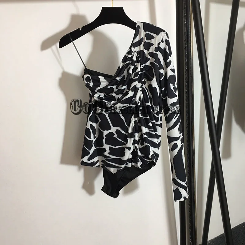 

luxury design summer womens fashion clothes bodycon jumpsuit Leopard Print long sleeve Single shoulder sling rompers bodysuits