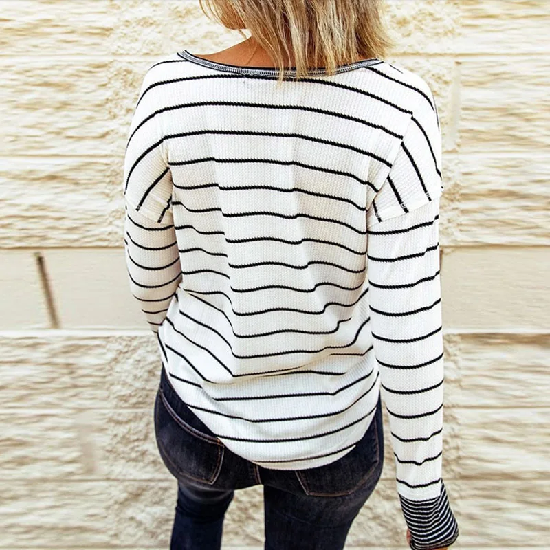 

Casual Striped Women Knitted Shirts Blusa Elegant O Neck Button Loose Ribbed Blouse Shirt Lady Autumn Long Sleeve Tops Pullover