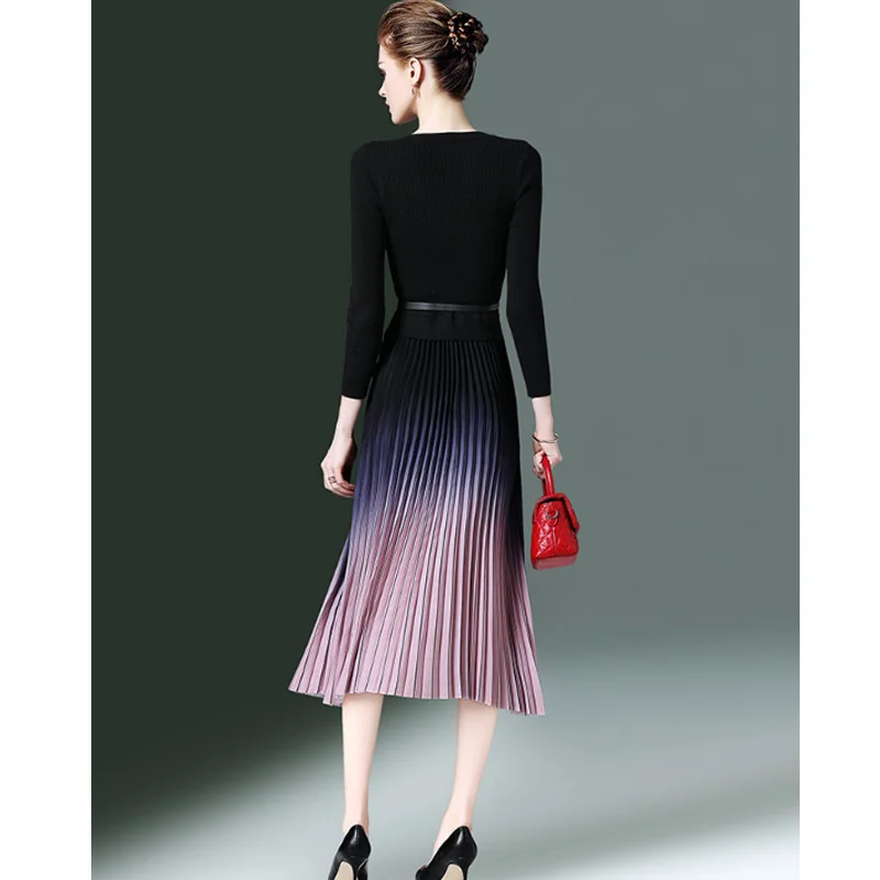 

Autumn and winter women's knitted base dress 2020 new waist slim fashion pleated skirt