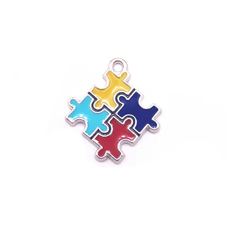 Enamel Autism Awareness Jigsaw Puzzle Piece Charms Pendant Wit Lobster Clasp For DIY Bracelet& Necklace Jewelry Making 20PCS - Metal color: as picture