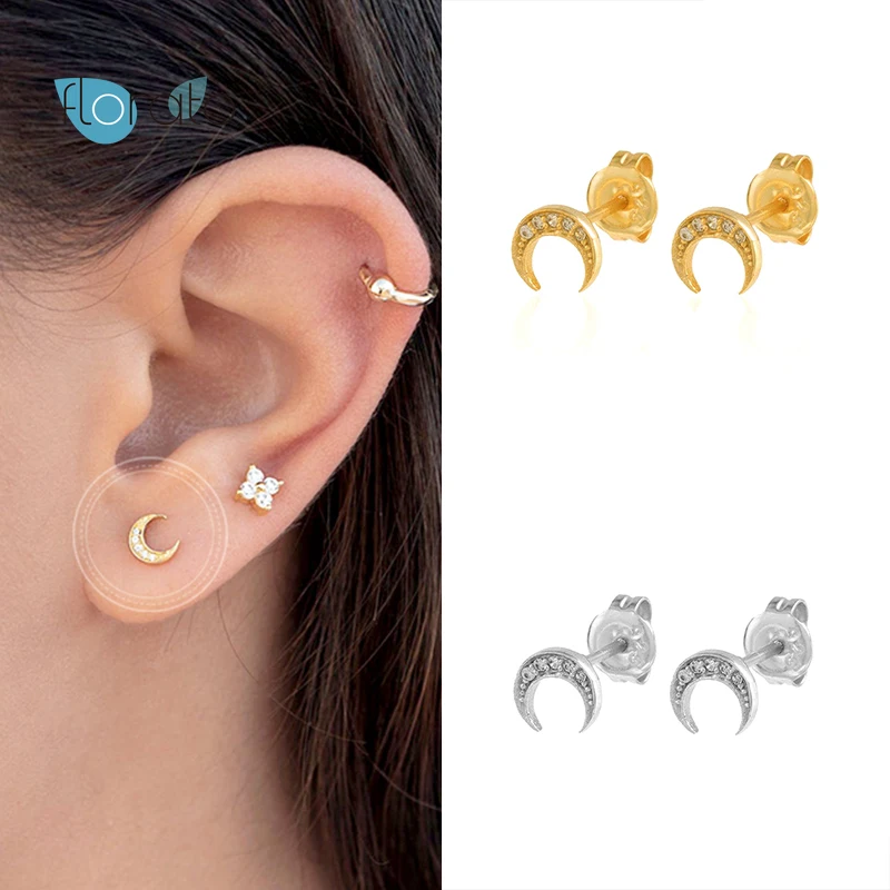 Серьги гвоздики из стерлингового серебра 925 пробы с Луной для женщин золотого и