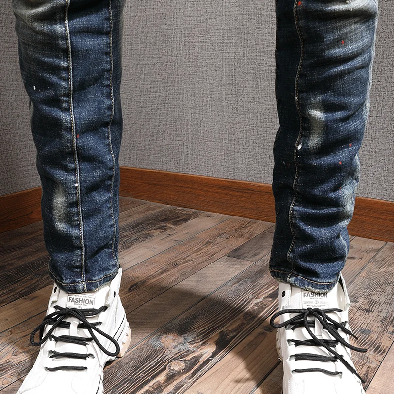 Mens Fashion Dots Printed Blue Ripped Jeans Men Zipper Decoration Slim Fit Pencil Pants Casual Cotton Denim Trousers