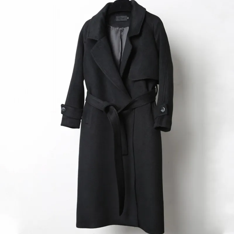 

High Quality Luxury Women Woolen Coats Fashion Solid Belted Lapel Collar Long Coat Female Elegant Slim Fit Long Sleeve Outerwear
