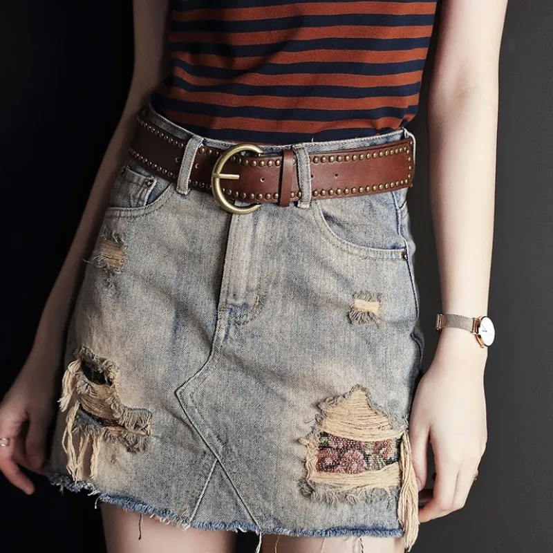 

High Waist A-Line Denim Skirt Women Summer New Vintage Loose Fit Jeans Skirt Frayed Hole Streetwear Female Skirt Quality