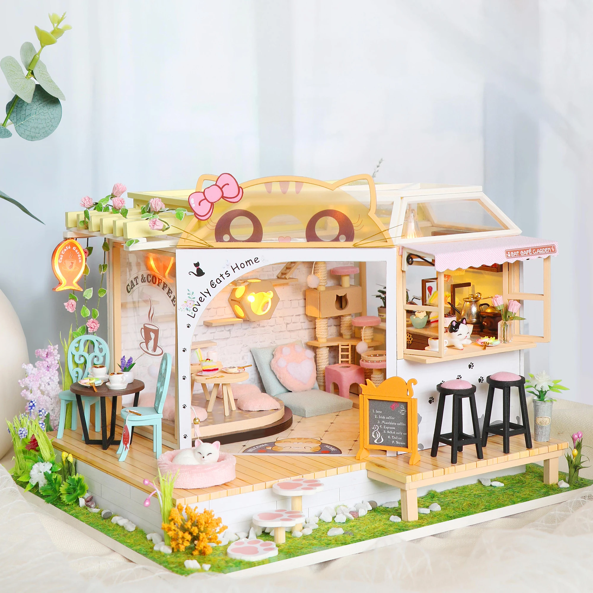 

Набор CUTEBEE для кукольного домика «сделай сам», деревянный миниатюрный с мебелью, милые кошки, кофейный дом, кукольный домик, сборные Игрушки ...